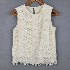 Womens Blouse Top PXS Beige Cotton‎ Boho Chic Lace Round Neck Outerwear Keyhole